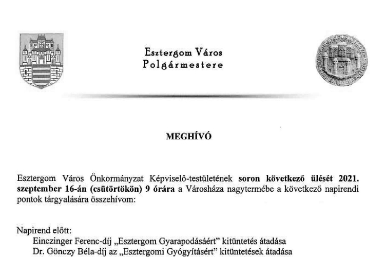 A képviselő-testület szeptember 16-i ülésének meghívója