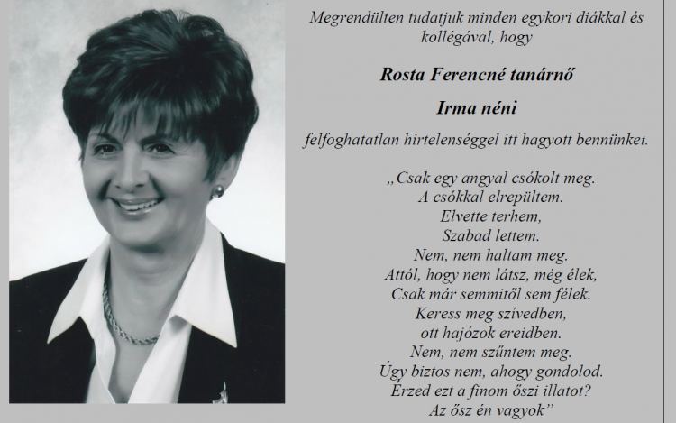 Elhunyt Rosta Ferencné tanárnő